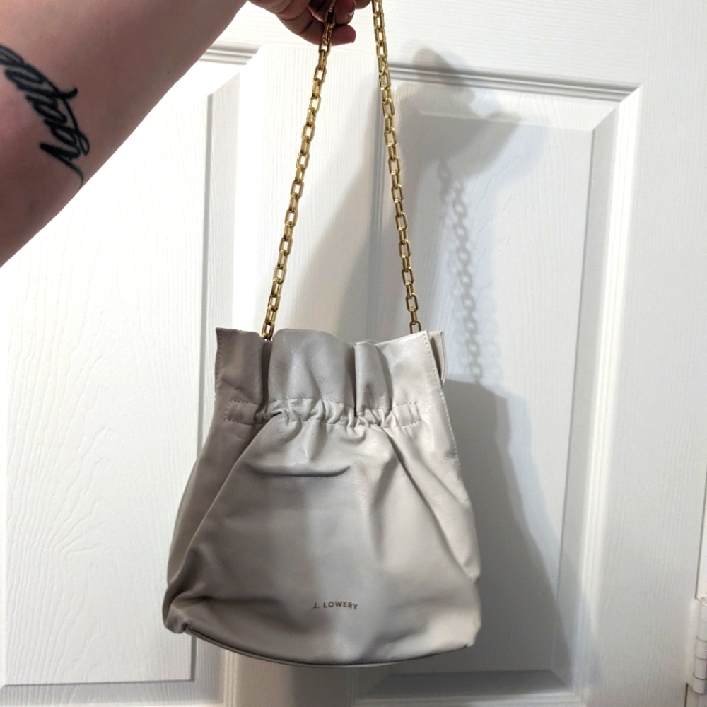 J. Lowery Vintage small bucket purse white leather gold chain